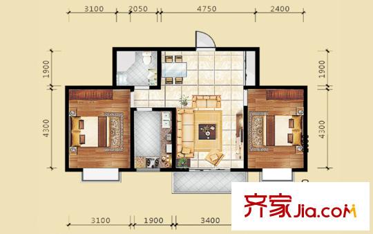 天賜康緣新區(qū)二居戶型一 2室2廳1衛(wèi)1廚