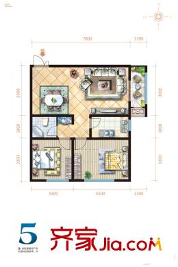 坤杰?拉菲公館5#1單元02戶型 2室2廳1衛(wèi)1廚