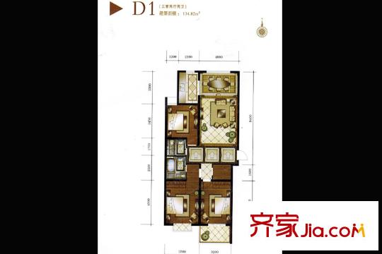 江南?御瀾灣1#樓標(biāo)準(zhǔn)層D1戶型 3室2廳2衛(wèi)1廚