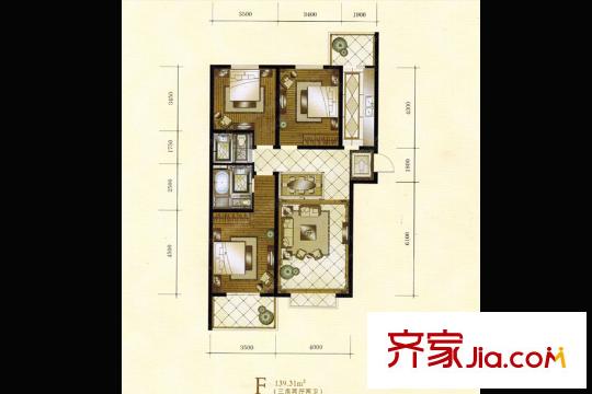 江南?御瀾灣1#樓標(biāo)準(zhǔn)層F戶型 3室2廳2衛(wèi)1廚