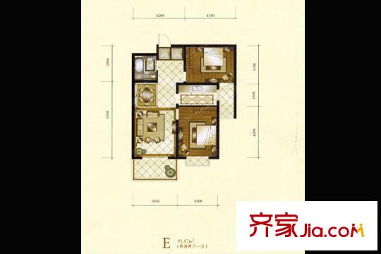 江南?御瀾灣1#樓標(biāo)準(zhǔn)層E戶型 2室2廳1衛(wèi)1廚