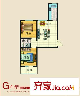 龍城半島三期三期1號(hào)樓G戶型 2室2廳1衛(wèi)1廚