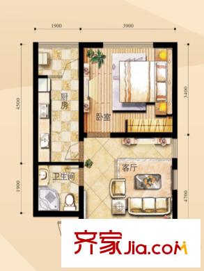 泰古城57平方米A1戶型 1室1廳1衛(wèi)1廚