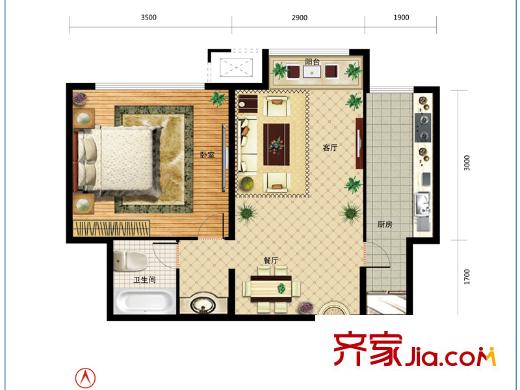 學(xué)府?未來(lái)城14#C戶型 1室2廳1衛(wèi)1廚