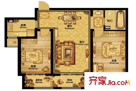 公園美地B戶型 2室2廳1衛(wèi)1廚
