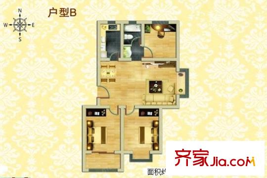 望海源鳳凰城1-10號(hào)樓B戶(hù)型圖 2室1廳1衛(wèi)1廚