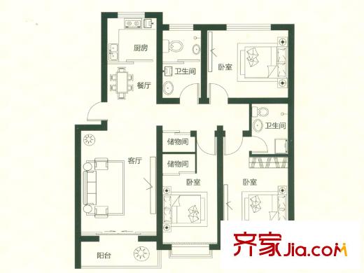 山海逸居戶型圖A戶型 3室2廳2衛(wèi)1廚