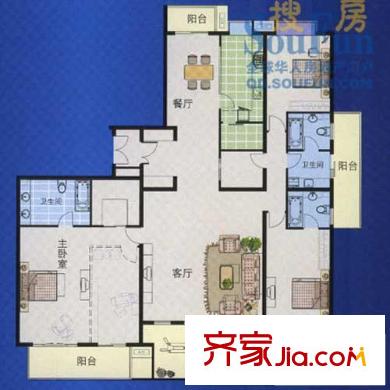 青島開發(fā)區(qū)國(guó)際貿(mào)易中心戶型圖板式住宅D戶型 3室2廳3衛(wèi)1廚