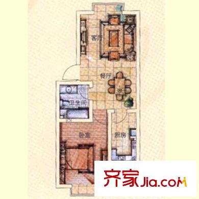 青建景苑戶型圖58-60.7平戶型 1室2廳1衛(wèi)1廚