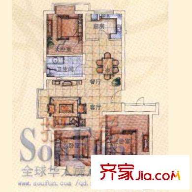 青建景苑戶型圖96.3平戶型 3室2廳1衛(wèi)1廚