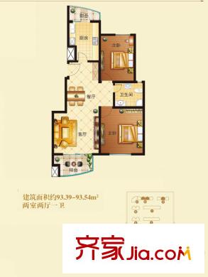 巴黎壹號戶型圖9、10#樓V戶型 2室2廳1衛(wèi)1廚
