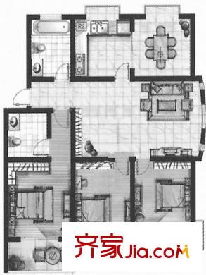 福林山莊戶型圖c戶型 3室2廳2衛(wèi)1廚