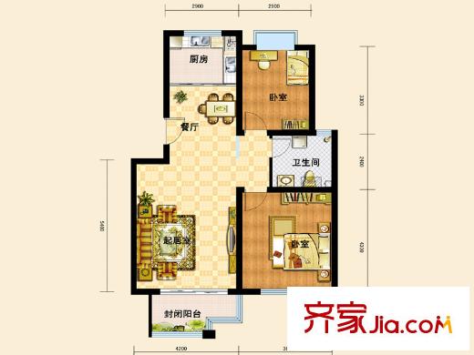 水青木華三期戶型圖B1戶型 2室2廳1衛(wèi)1廚
