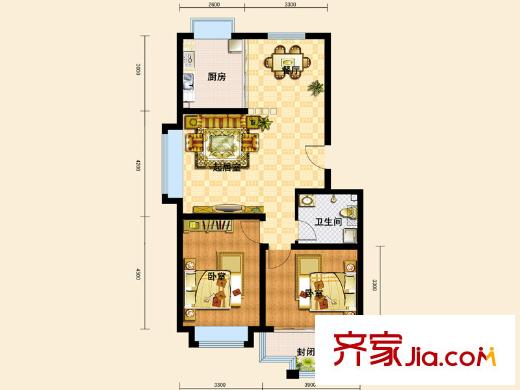 水青木華三期戶型圖E戶型 2室2廳1衛(wèi)1廚
