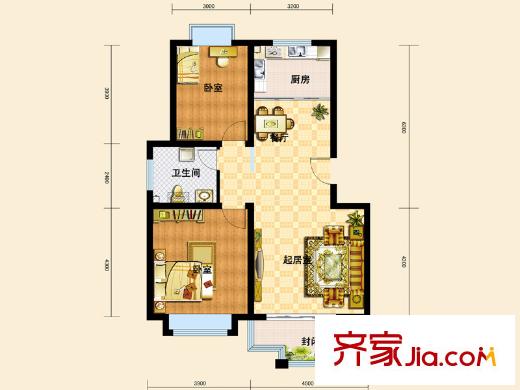 水青木華三期戶型圖F戶型 2室2廳1衛(wèi)1廚