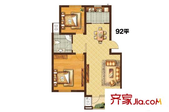 塞納波斐17-27#A戶型92平 2室2廳1衛(wèi)1廚