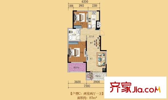 藍海灣?卡地亞C戶型 2室1廳1衛(wèi)1廚