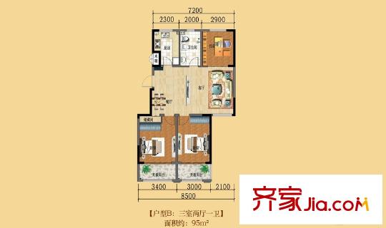 藍海灣?卡地亞B戶型 3室2廳1衛(wèi)1廚