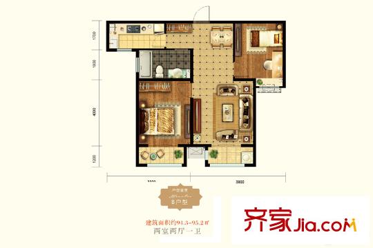 錦繡河山1-4#B戶型 2室2廳1衛(wèi)1廚