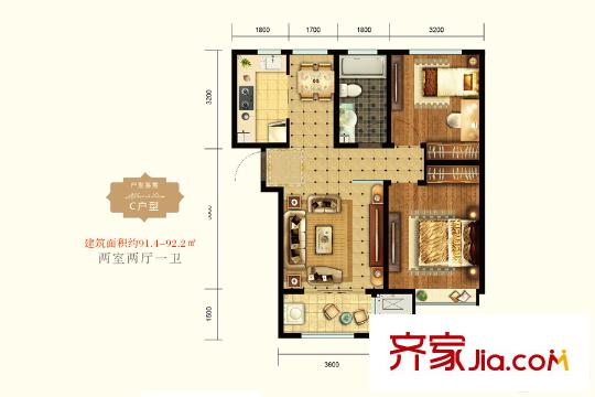錦繡河山1-4#C戶型 2室2廳1衛(wèi)1廚