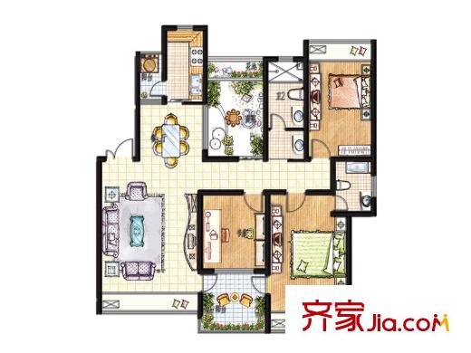 奧潤馨海國際城二期16#-21#標準層御海居戶型 3室2廳1衛(wèi)1廚