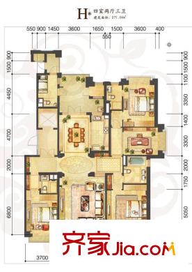 公元海1-7號(hào)樓H戶型圖 4室2廳3衛(wèi)1廚