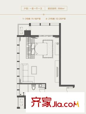 青島東方影都一期1-3#11/18戶型，4-21#13/20戶型 1室1廳1衛(wèi)1廚