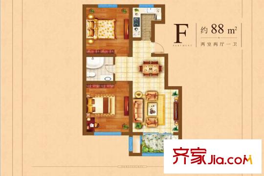 裕東新府22號樓F戶型 2室2廳1衛(wèi)