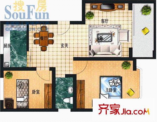 諾貝爾山莊戶型圖2室2廳1衛(wèi)1廚