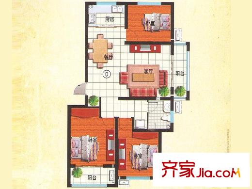 龍山花園戶型圖戶型C 3室2廳1衛(wèi)