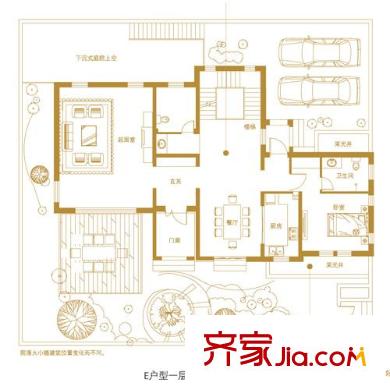青建香根溫泉墅戶型圖18、27、29、31#E-戶型一層 1室2廳1衛(wèi)1廚
