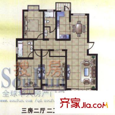 皇騏河濱華庭戶型圖3期戶型 3室2廳2衛(wèi)