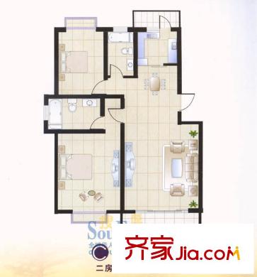 皇騏河濱華庭戶型圖2室2廳2衛(wèi)
