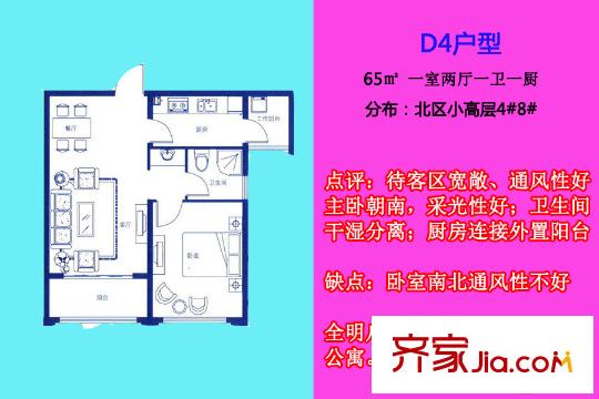 平方米海逸景灣 北區(qū)小高層4#8#D4戶型 1室2廳1衛(wèi)1廚