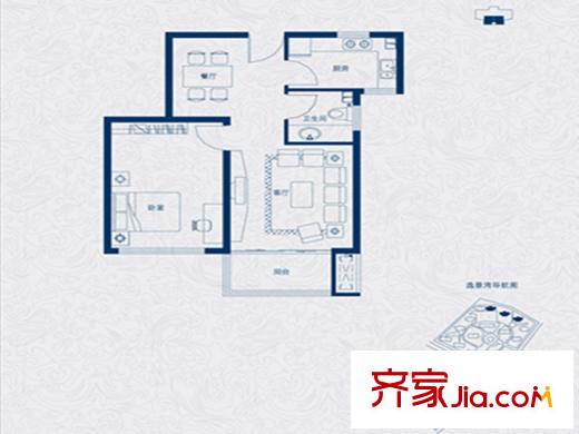 平方米海逸景灣北區(qū)高層27-29#中間戶戶型 1室2廳1衛(wèi)1廚