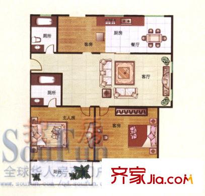 海印長(zhǎng)天戶型圖1期標(biāo)準(zhǔn)層三居室 3室2廳2衛(wèi)