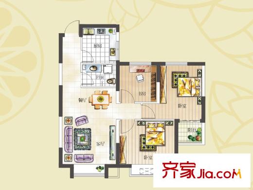 萊茵小鎮(zhèn)戶型圖4、5#-02戶型 3室2廳1衛(wèi)1廚