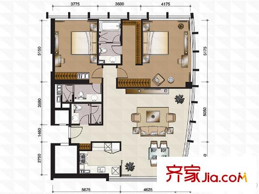 凱悅中心戶(hù)型圖04戶(hù)型47-48層 2室2廳3衛(wèi)1廚