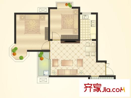 貴府花園戶型圖9#10#H戶型 2室2廳1衛(wèi)1廚