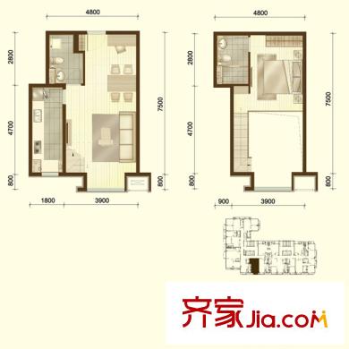 華遠(yuǎn)湯米公館A座LOFT戶型 1室2廳2衛(wèi)1廚