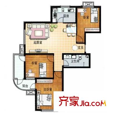 天福時(shí)代陽光戶型圖三居室戶型 3室2廳1衛(wèi)1廚