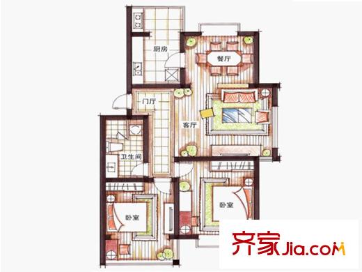 山景小城1#2#3#5#樓B戶型 2室2廳1衛(wèi)1廚