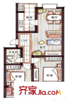 山景小城C1戶型 2室2廳1衛(wèi)1廚