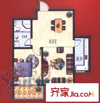 天福宜家戶型圖B-1戶型 1室2廳1衛(wèi)