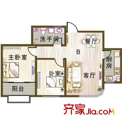 衡山舒苑一期1#-5#標準層B戶型 2室2廳1衛(wèi)1廚