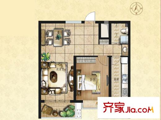 新海園品閣戶型圖E戶型 伴云來 1室2廳1衛(wèi)