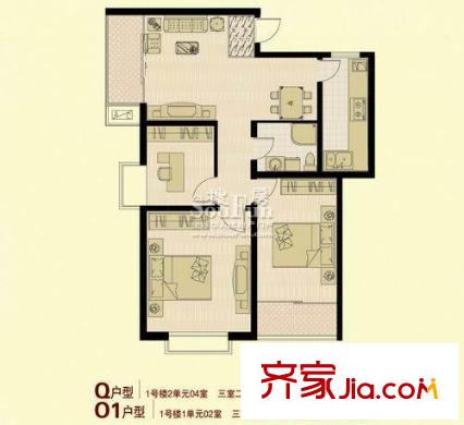 嘉合新興戶型圖Q――O1 3室2廳1衛(wèi)1廚