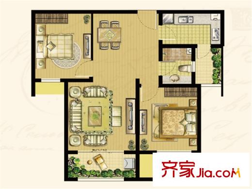 世茂公園美地3-5#、12-14#A2戶型 2室2廳1衛(wèi)1廚