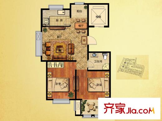 茵悅小城8、12#樓E戶型 2室2廳1衛(wèi)1廚