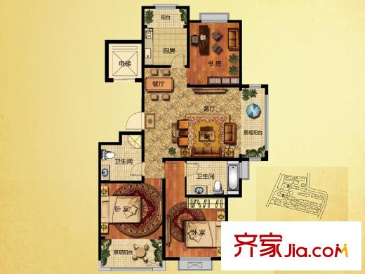 茵悅小城8、12#樓F戶型 3室2廳2衛(wèi)1廚
